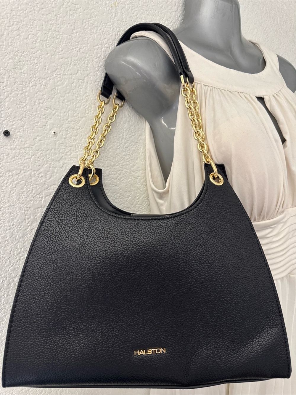 Halston Heritage Black Shoulder Bag with Gold Chain Handles